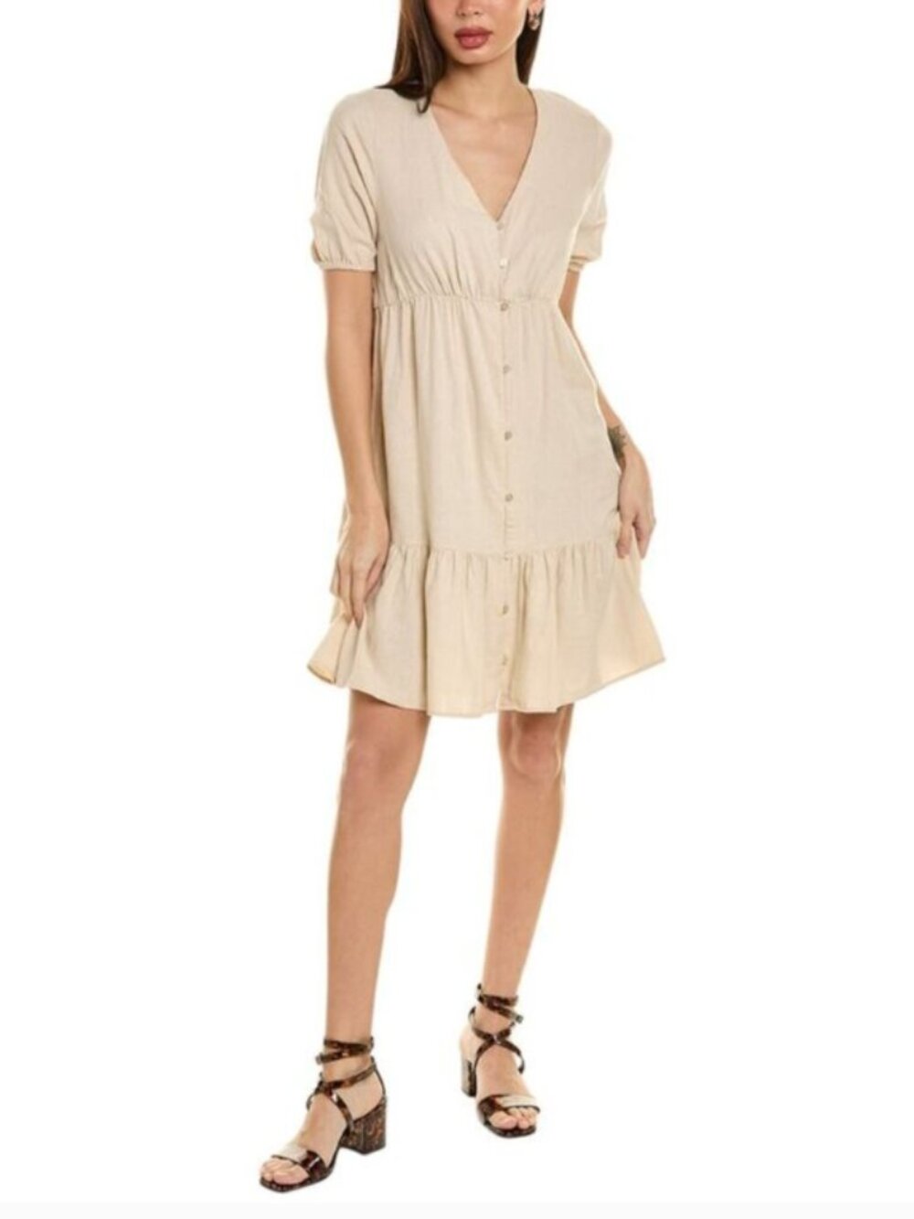 Ellen Tracy Tan Linen-Blend Button Front, Mini Dress | SZ Small